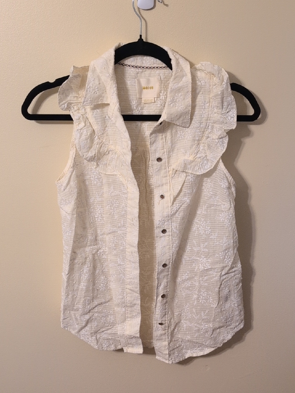 Maeve Cream Sleeveless Ruffle Button-Down Shirt